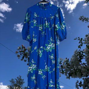 Vintage Hawaiian Blue Floral Print Ruffle Long Maxi Dress 1960s 1970s, Size M/L
